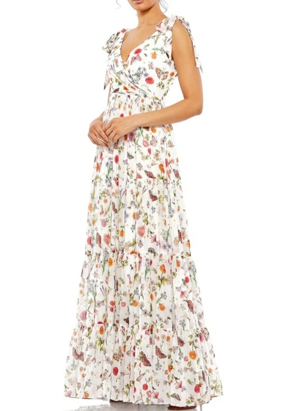 Mac Duggal White Floral Tie-Shoulder Maxi Dress